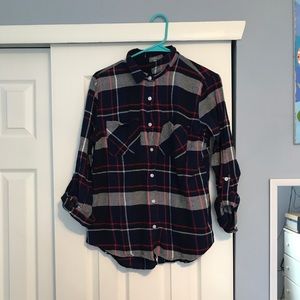 Blue and grey Flannel with split back, size large